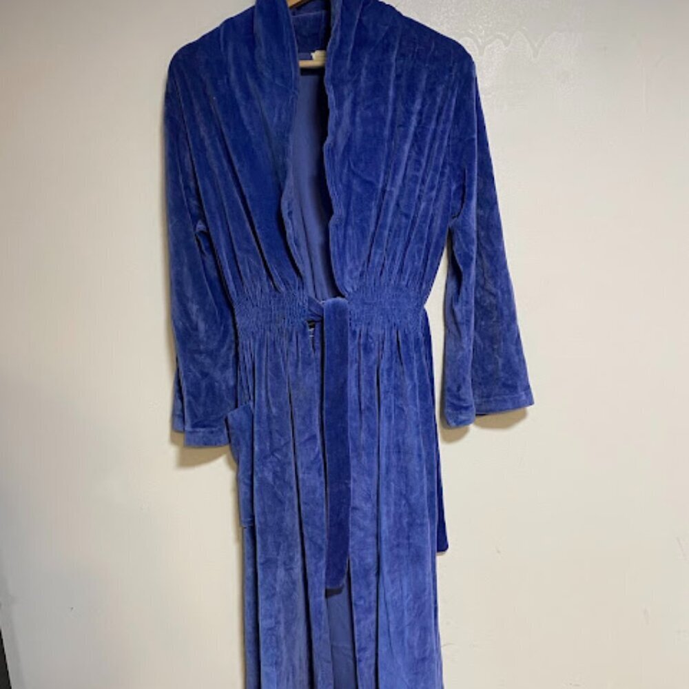 Vintage Velour Smocked Waist Royal Blue Maxi Robe - Size M - Picture 4 of 12